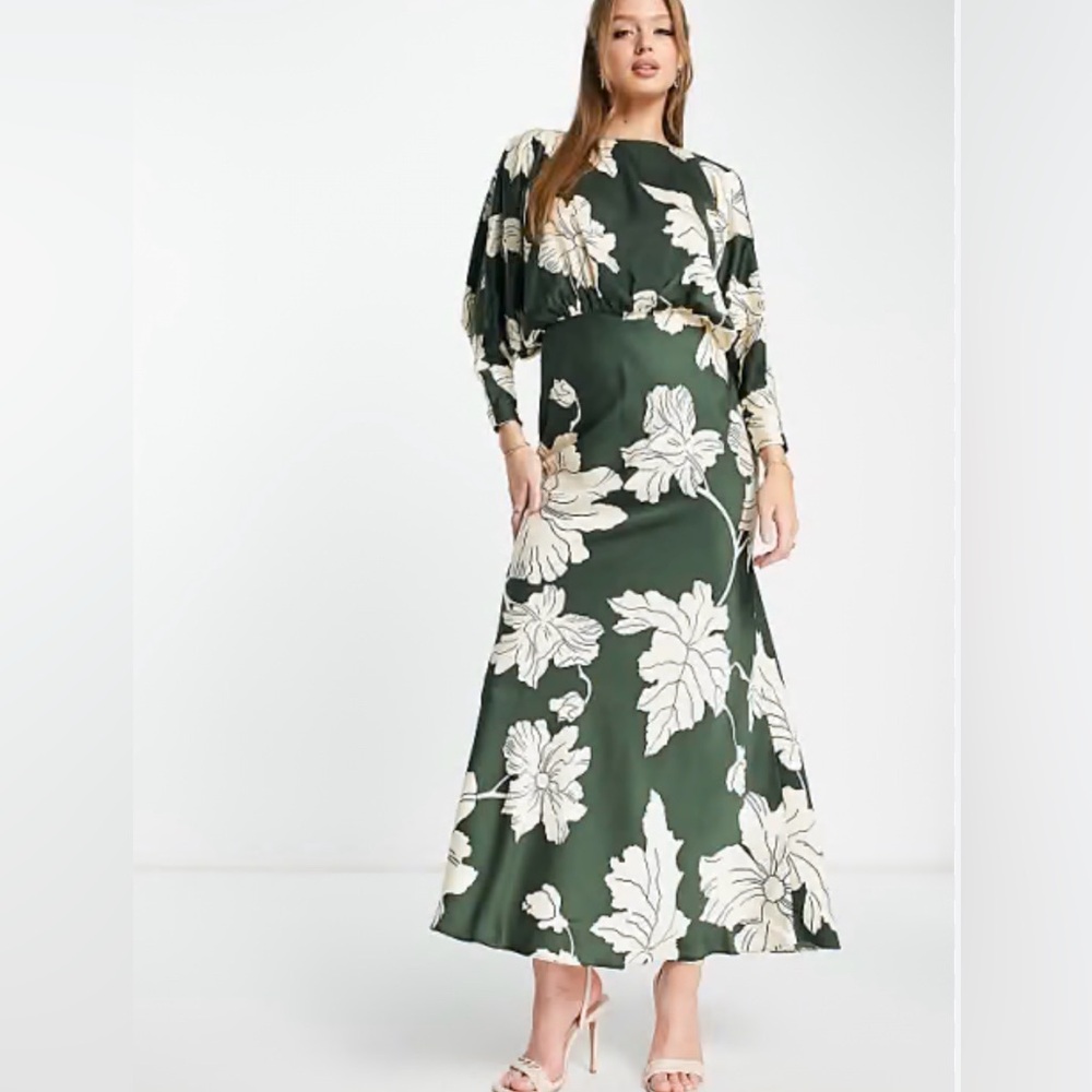 ASOS DESIGN satin maxi dress with batwing sleeve in large stencil floral Size 6